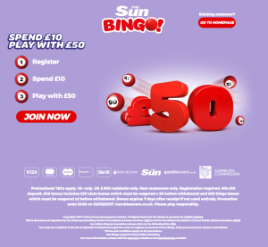 New Deal at Sun Bingo: Play with £50 When you Spend £10